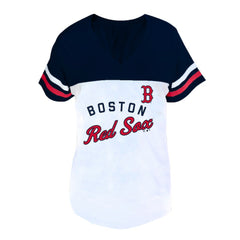 Boston Red Sox Profile Women's Plus Size Two-Stripe V-Neck T-Shirt Outlet