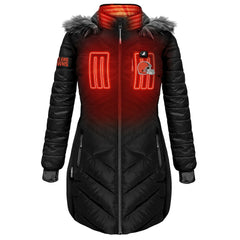 Cleveland Browns ActionHeat Women's 5V Battery Heated Long Puffer Full-Zip Hoodie Jacket - Black - NFL