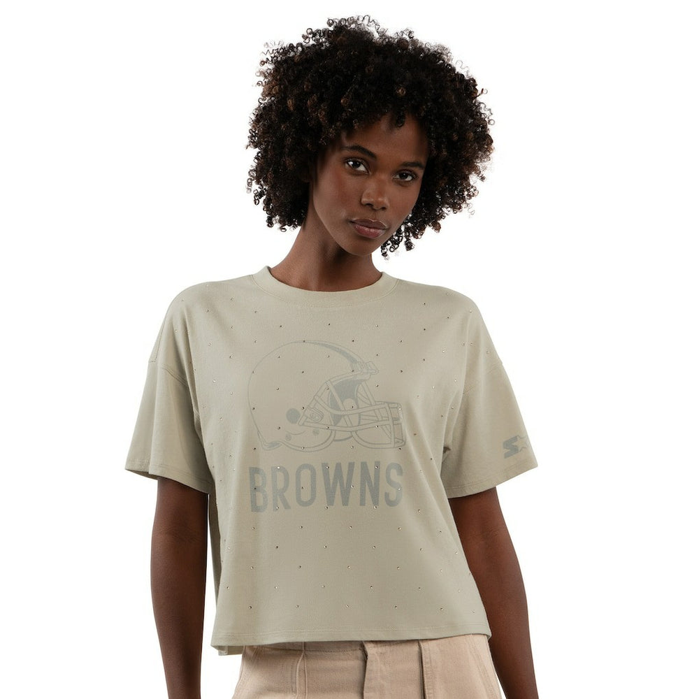Cleveland Browns Starter Women's Rhinestone Sprinkle Boxy Cropped T-Shirt - Khaki - NFL
