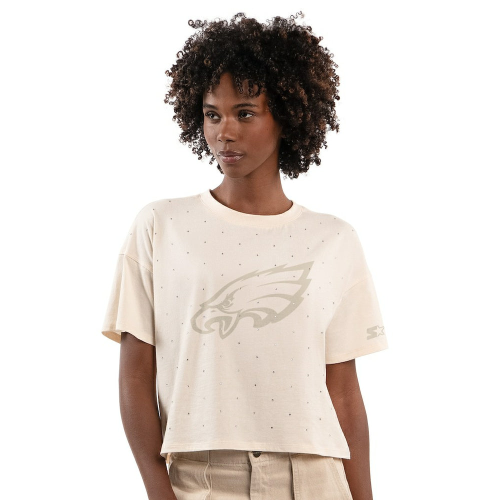 Philadelphia Eagles Starter Women's Rhinestone Sprinkle Boxy Cropped T-Shirt - Cream - NFL