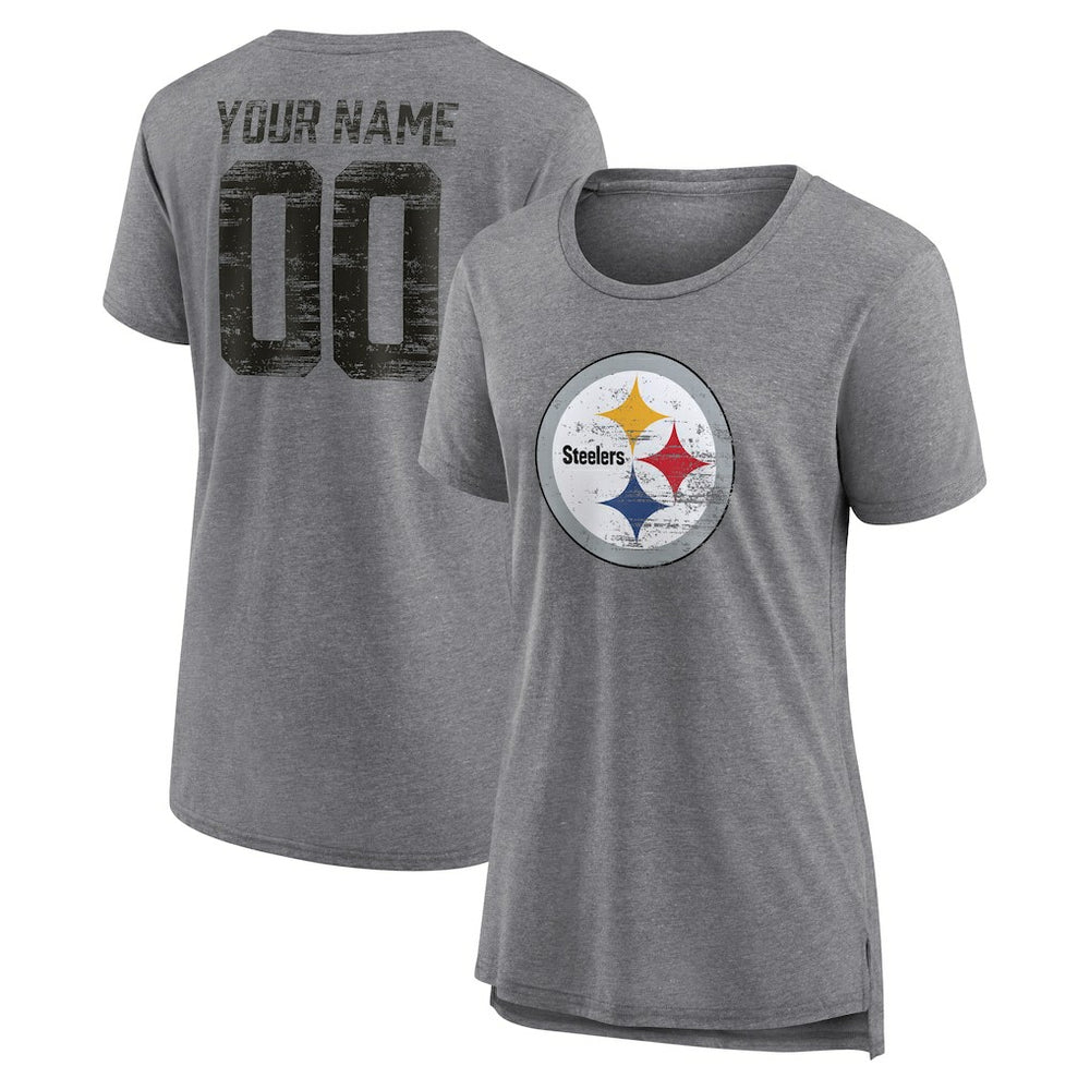 Pittsburgh Steelers Women's Heritage Custom Name & Number Tri-Blend T-Shirt - Gray - NFL