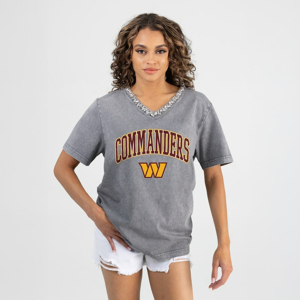 Washington Commanders Gameday Couture Women's Relaxed Iconic Edge Rhinestone V-Neck T-Shirt - Gray - NFL