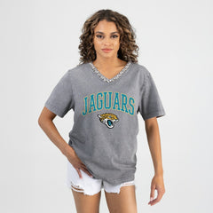 Jacksonville Jaguars Gameday Couture Women's Relaxed Iconic Edge Rhinestone V-Neck T-Shirt - Gray - NFL