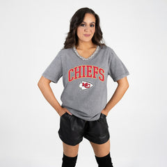 Kansas City Chiefs Gameday Couture Women's Relaxed Iconic Edge Rhinestone V-Neck T-Shirt - Gray - NFL
