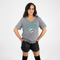 Miami Dolphins Gameday Couture Women's Relaxed Iconic Edge Rhinestone V-Neck T-Shirt - Gray - NFL