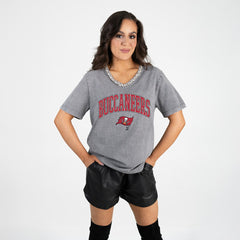 Tampa Bay Buccaneers Gameday Couture Women's Relaxed Iconic Edge Rhinestone V-Neck T-Shirt - Gray - NFL