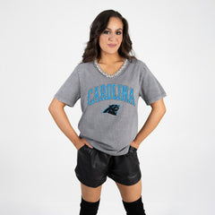 Carolina Panthers Gameday Couture Women's Relaxed Iconic Edge Rhinestone V-Neck T-Shirt - Gray - NFL