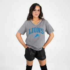 Detroit Lions Gameday Couture Women's Relaxed Iconic Edge Rhinestone V-Neck T-Shirt - Gray - NFL