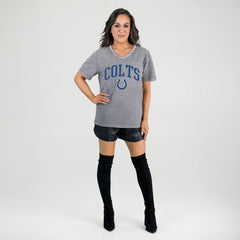 Indianapolis Colts Gameday Couture Women's Relaxed Iconic Edge Rhinestone V-Neck T-Shirt - Gray - NFL