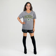 Green Bay Packers Gameday Couture Women's Relaxed Iconic Edge Rhinestone V-Neck T-Shirt - Gray - NFL