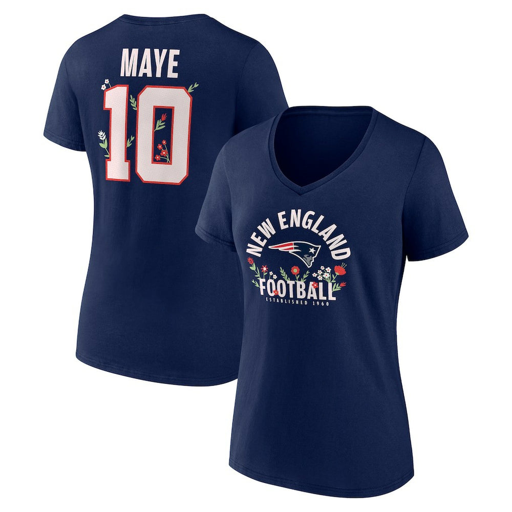 Drake Maye New England Patriots Women's Floral Name & Number V-Neck T-Shirt - Navy - NFL
