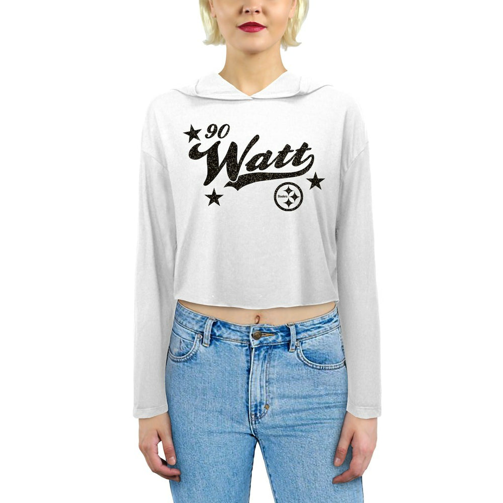 T.J. Watt Pittsburgh Steelers Majestic Threads Women's Glitter Wordmark Hoodie - White - NFL