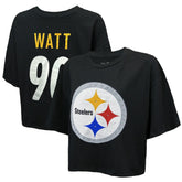 T.J. Watt Pittsburgh Steelers Majestic Threads Women's Swarovski Crystals Boxy Cropped Name & Number T-Shirt - Black - NFL