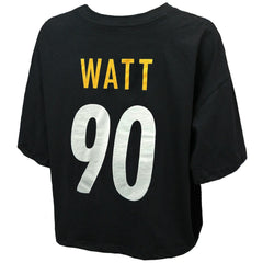T.J. Watt Pittsburgh Steelers Majestic Threads Women's Swarovski Crystals Boxy Cropped Name & Number T-Shirt - Black - NFL