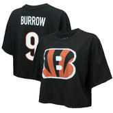 Joe Burrow Cincinnati Bengals Majestic Threads Women's Swarovski Crystals Boxy Cropped Name & Number T-Shirt - Black - NFL