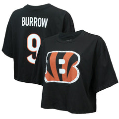 Joe Burrow Cincinnati Bengals Majestic Threads Women's Swarovski Crystals Boxy Cropped Name & Number T-Shirt - Black - NFL