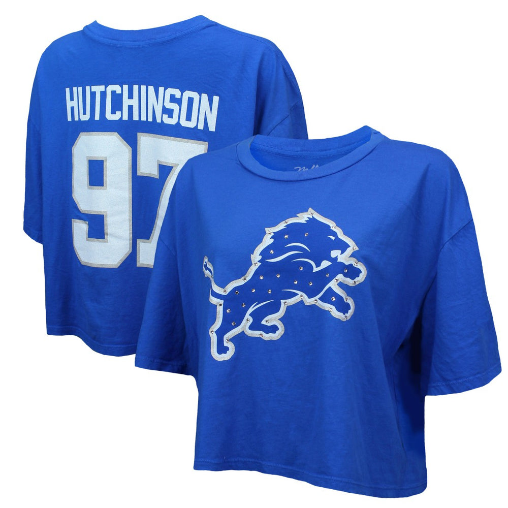 Aidan Hutchinson Detroit Lions Majestic Threads Women's Swarovski Crystals Boxy Cropped Name & Number T-Shirt - Blue - NFL