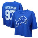 Aidan Hutchinson Detroit Lions Majestic Threads Women's Swarovski Crystals Boxy Cropped Name & Number T-Shirt - Blue - NFL