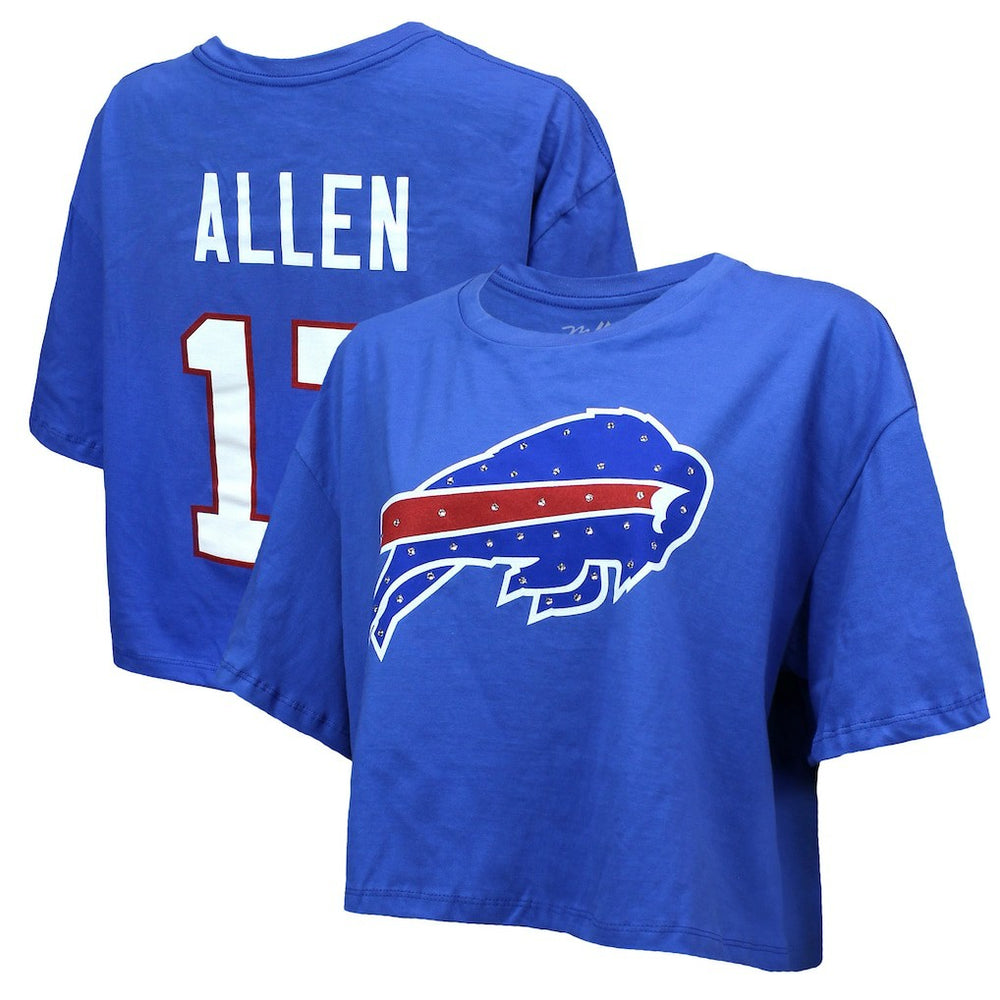 Josh Allen Buffalo Bills Majestic Threads Women's Swarovski Crystals Boxy Cropped Name & Number T-Shirt - Royal - NFL