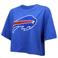 Josh Allen Buffalo Bills Majestic Threads Women's Swarovski Crystals Boxy Cropped Name & Number T-Shirt - Royal - NFL