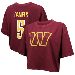 Jayden Daniels Washington Commanders Majestic Threads Women's Swarovski Crystals Boxy Cropped Name & Number T-Shirt - Burgundy - NFL