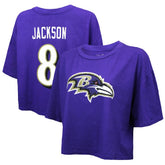 Lamar Jackson Baltimore Ravens Majestic Threads Women's Swarovski Crystals Boxy Cropped Name & Number T-Shirt - Purple - NFL