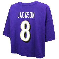 Lamar Jackson Baltimore Ravens Majestic Threads Women's Swarovski Crystals Boxy Cropped Name & Number T-Shirt - Purple - NFL