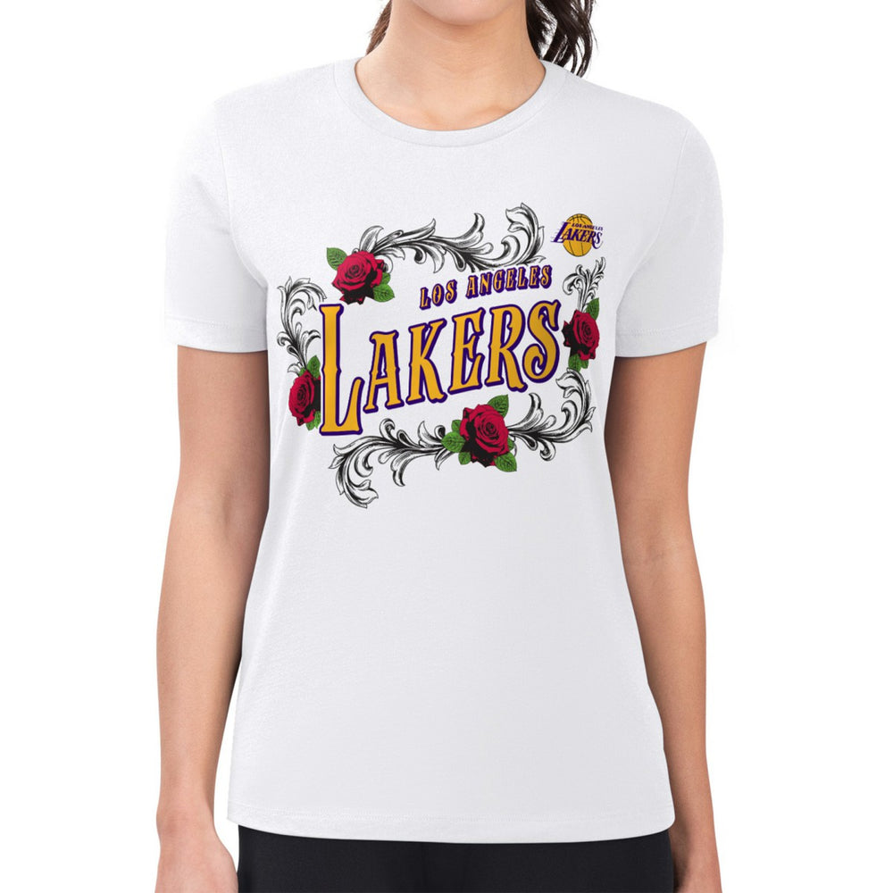 Los Angeles Lakers G-III 4Her by Carl Banks Women's Super-Slim Fit Lightweight Roses Crew Neck T-Shirt White