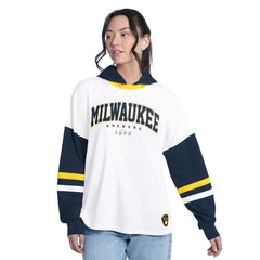 Milwaukee Brewers G-III 4Her by Carl Banks Women's Key Player Oversized Hooded Long Sleeve T-Shirt Outlet