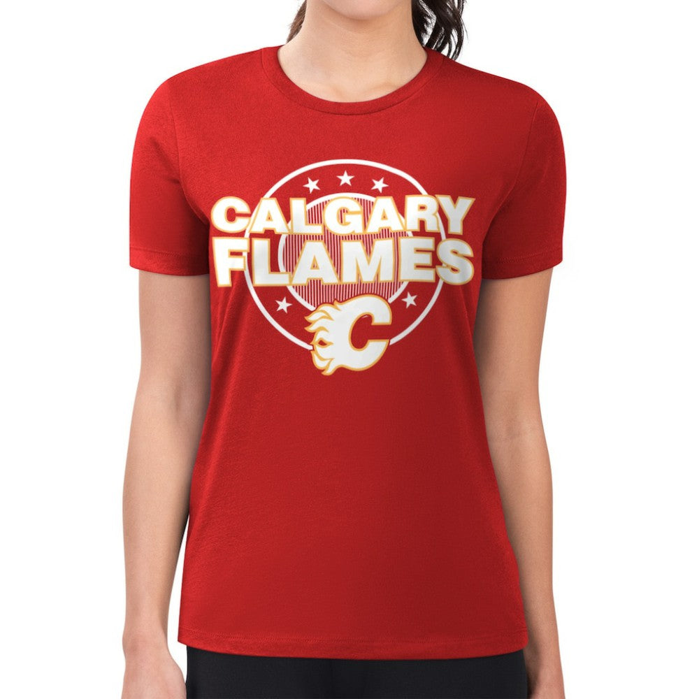 Calgary Flames G-III 4Her by Carl Banks Women's Super-Slim Lightweight Pinstripe Circle Graphic T-Shirt - Red | NHL online