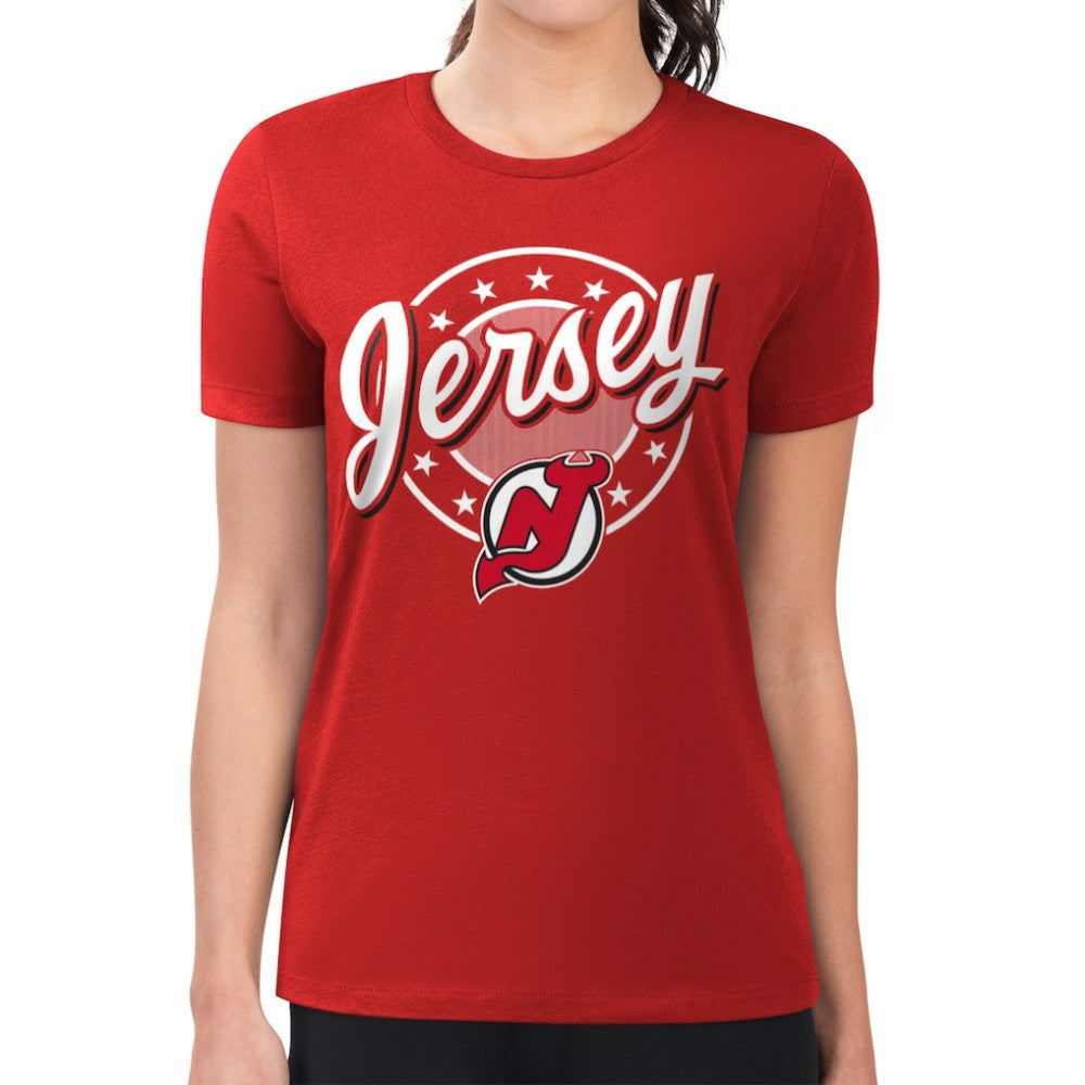 New Jersey Devils G-III 4Her by Carl Banks Women's Super-Slim Lightweight Pinstripe Circle Graphic T-Shirt - Red | NHL Clearance