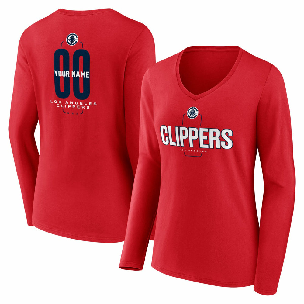 LA Clippers Women's Center Court Name & Number Custom Long Sleeve V-Neck T-Shirt Red