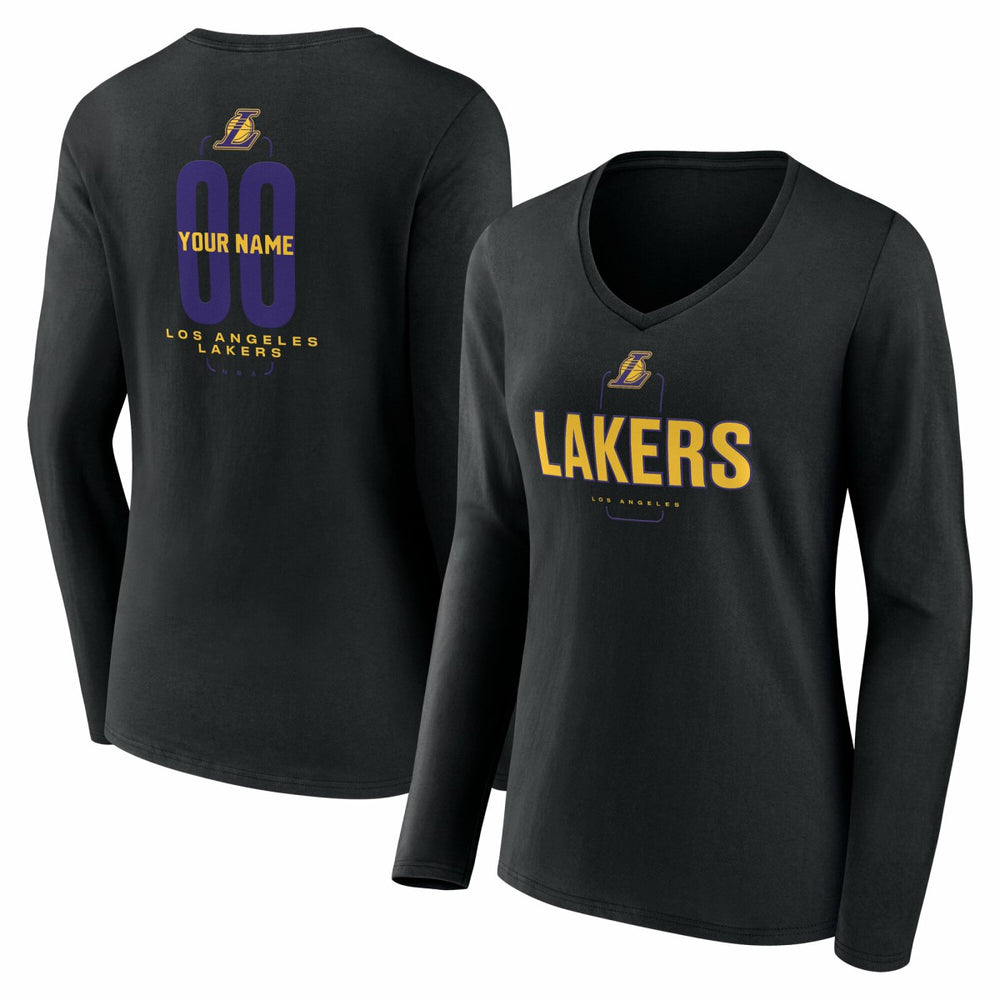 Los Angeles Lakers Women's Center Court Name & Number Custom Long Sleeve V-Neck T-Shirt Black