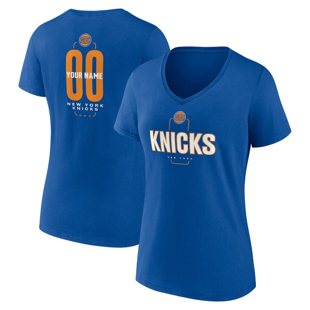 New York Knicks Women's Center Court Name & Number Custom V-Neck T-Shirt Blue