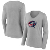 Columbus Blue Jackets Women's Primary Logo Long Sleeve V-Neck T-Shirt - Gray | NHL Lifestyle