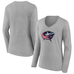 Columbus Blue Jackets Women's Primary Logo Long Sleeve V-Neck T-Shirt - Gray | NHL Lifestyle