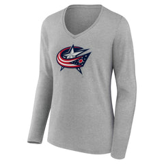 Columbus Blue Jackets Women's Primary Logo Long Sleeve V-Neck T-Shirt - Gray | NHL Lifestyle