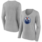 Edmonton Oilers Women's Primary Logo Long Sleeve V-Neck T-Shirt - Gray | NHL on sale