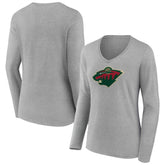Minnesota Wild Women's Primary Logo Long Sleeve V-Neck T-Shirt - Gray | NHL on sale