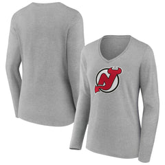 New Jersey Devils Women's Primary Logo Long Sleeve V-Neck T-Shirt - Gray | NHL near me