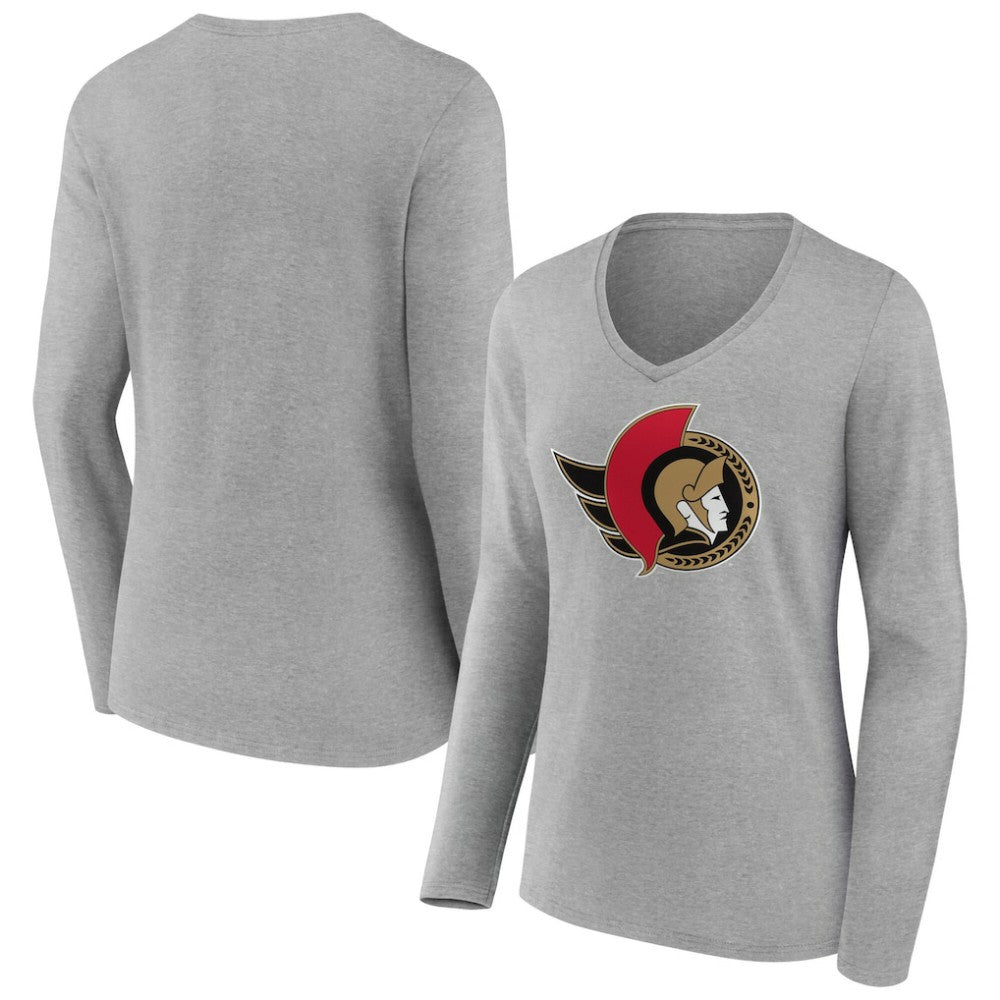 Ottawa Senators Women's Primary Logo Long Sleeve V-Neck T-Shirt - Gray | NHL Clearance