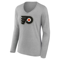 Philadelphia Flyers Women's Primary Logo Long Sleeve V-Neck T-Shirt - Gray | NHL Lifestyle