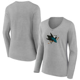 San Jose Sharks Women's Primary Logo Long Sleeve V-Neck T-Shirt - Gray | NHL near me