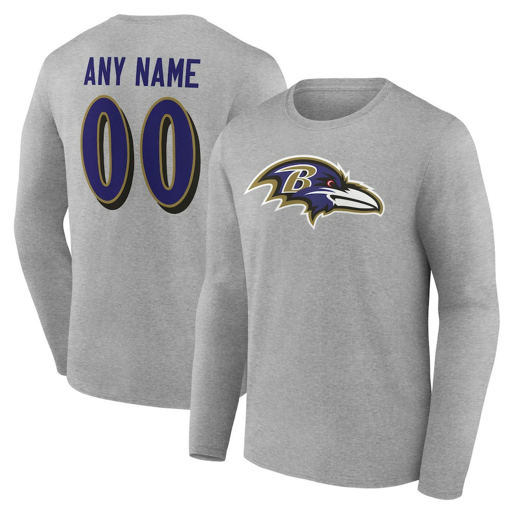 Baltimore Ravens Team Authentic Personalized Name & Number Long Sleeve T-Shirt - Gray - NFL