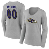 Baltimore Ravens Women's Team Authentic Personalized Name & Number Long Sleeve V-Neck T-Shirt - Gray - NFL