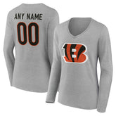 Cincinnati Bengals Women's Team Authentic Personalized Name & Number Long Sleeve V-Neck T-Shirt - Gray - NFL