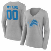 Detroit Lions Women's Team Authentic Personalized Name & Number Long Sleeve V-Neck T-Shirt - Gray - NFL