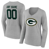 Green Bay Packers Women's Team Authentic Personalized Name & Number Long Sleeve V-Neck T-Shirt - Gray - NFL