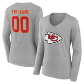 Kansas City Chiefs Women's Team Authentic Personalized Name & Number Long Sleeve V-Neck T-Shirt - Gray - NFL