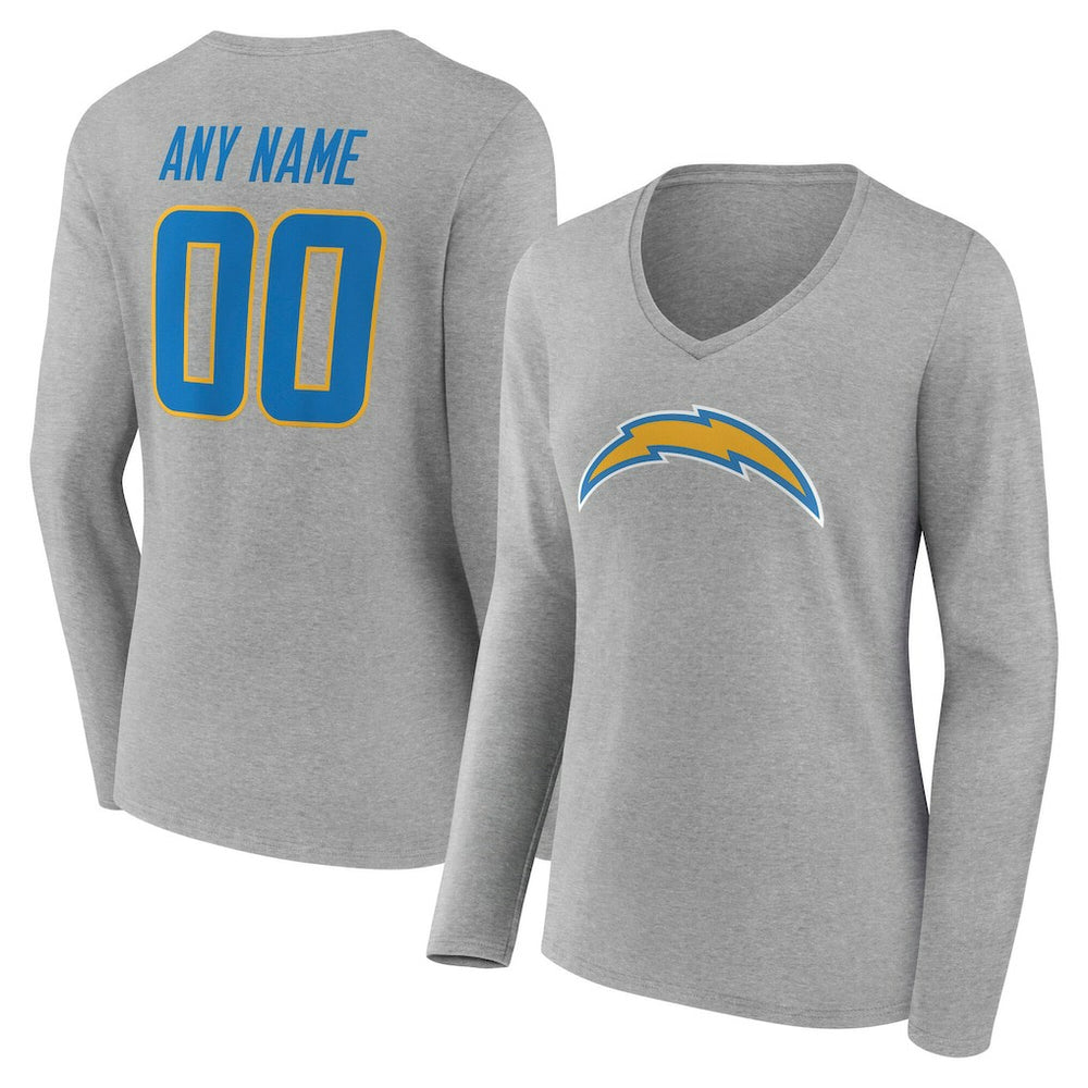 Los Angeles Chargers Women's Team Authentic Personalized Name & Number Long Sleeve V-Neck T-Shirt - Gray - NFL